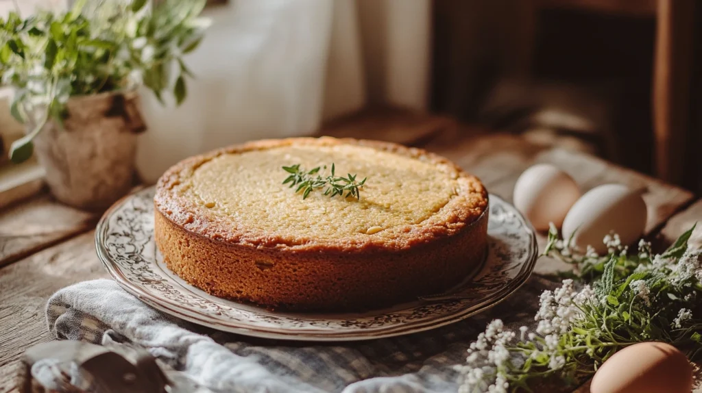 Gâteau sans gluten maison sur une table provençale
