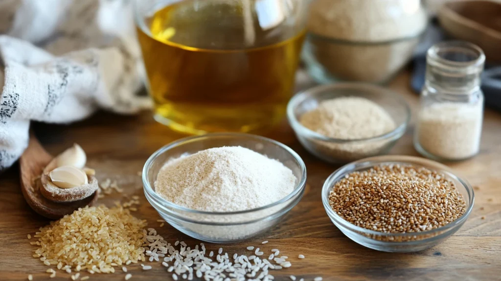 Ingrédients pour pain sans gluten sur plan de travail