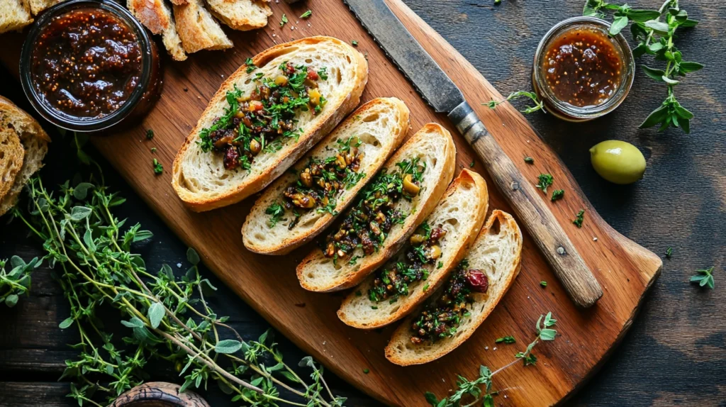 Tranches de pain sans gluten avec tapenade et confiture