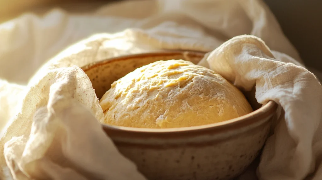 Pâte à pain sans gluten en repos sous torchon