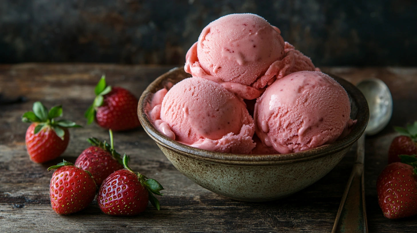 Glace fraise maison servie à la campagne