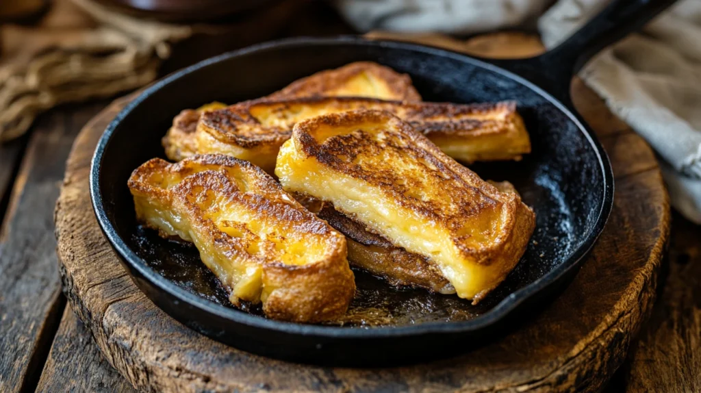 Recette pain perdu doré maison sur poêle en fonte Nom de fichier : recette-pain-perdu-poele.jpg Légende SEO : Pain perdu doré dans une poêle, prêt à servir Description SEO : Tranches de pain perdu dorées dans une cuisine rustique de Provence