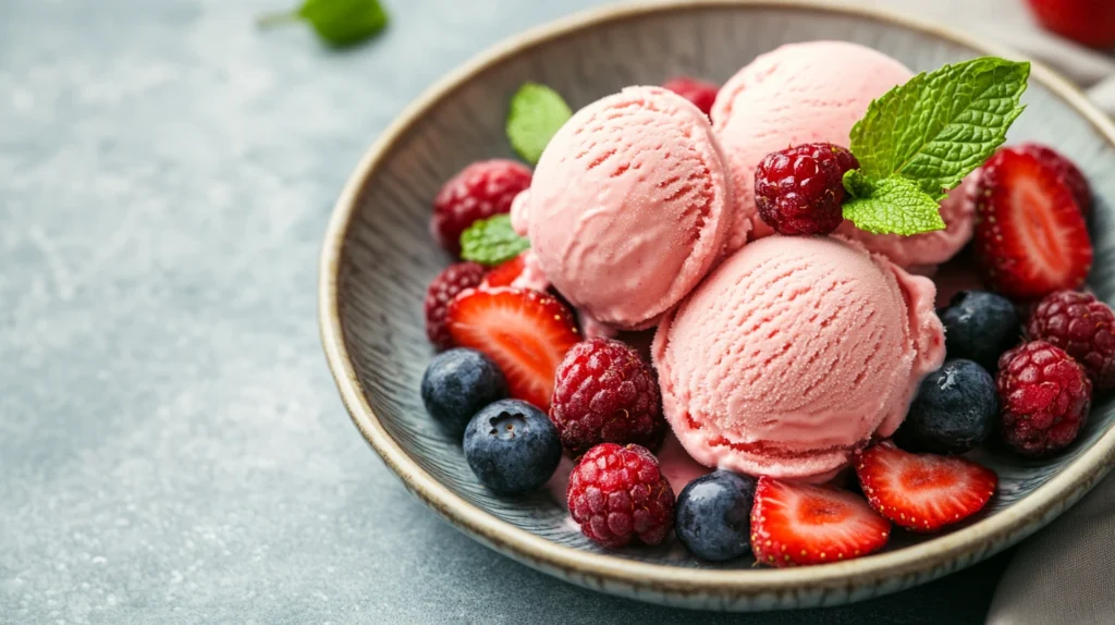 Glace fraise servie avec fruits frais