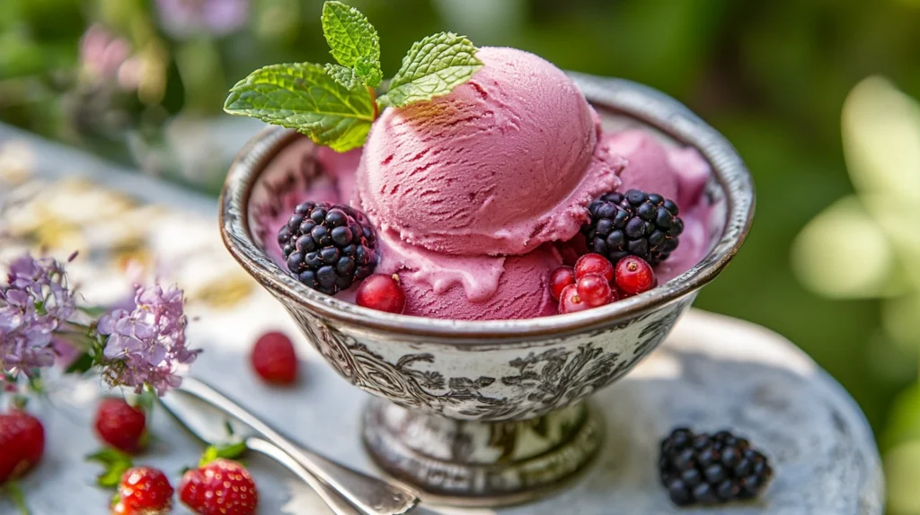 Glace sans gluten servie en coupe avec fruits