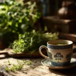 Tasse d’infusion maison dans une cuisine rustique
