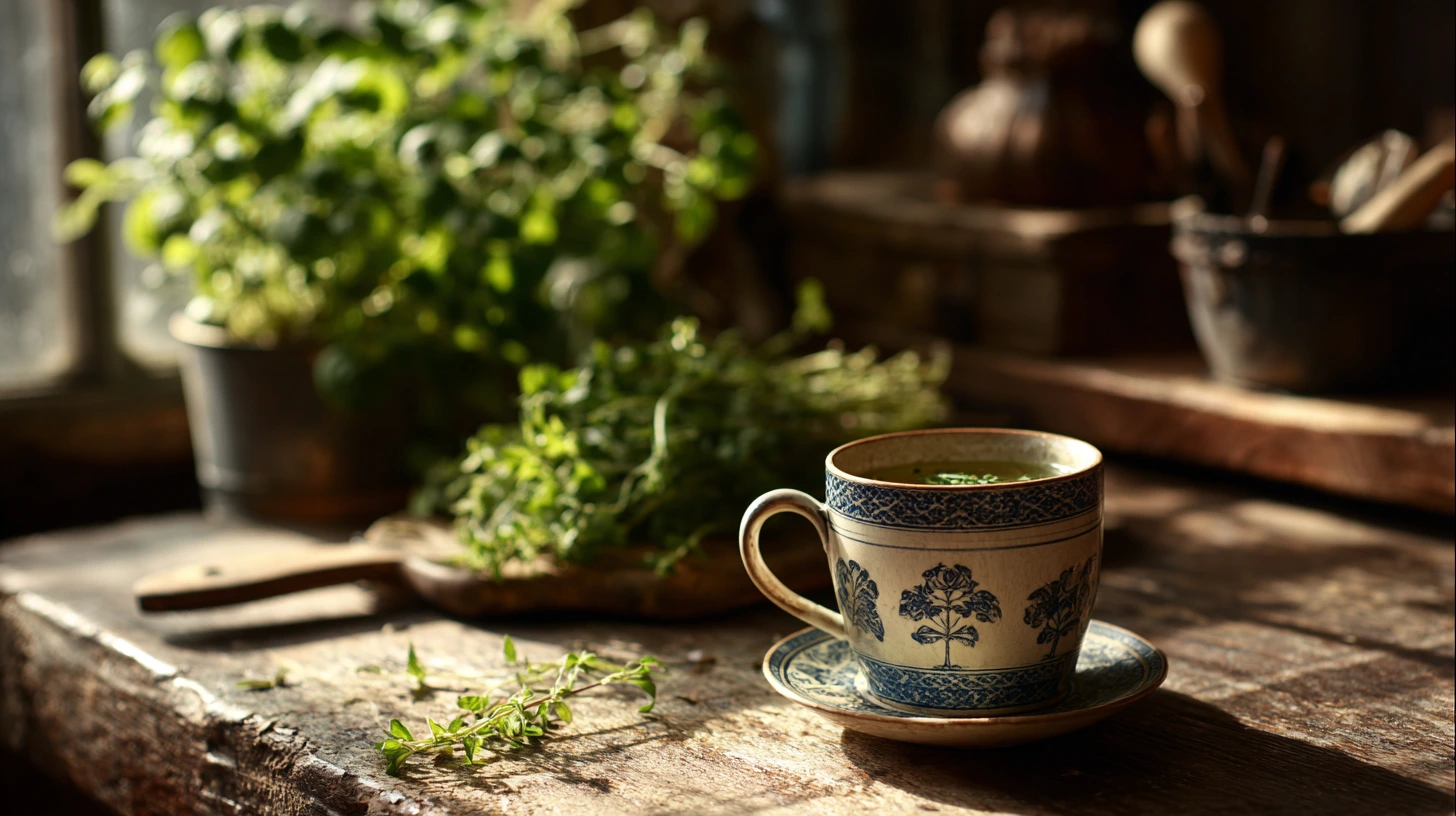 Tasse d’infusion maison dans une cuisine rustique
