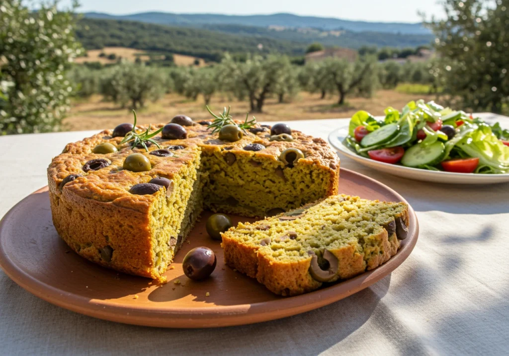 cake salé sans gluten tranché servi à table