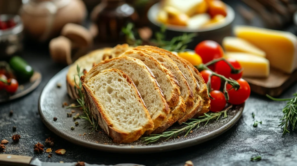 Pain sans gluten pour diabétiques servi avec fromage et légumes