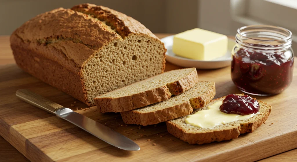 Pain sans gluten maison servi sur planche en bois