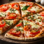Pizza sans gluten maison tranchée sur table rustique