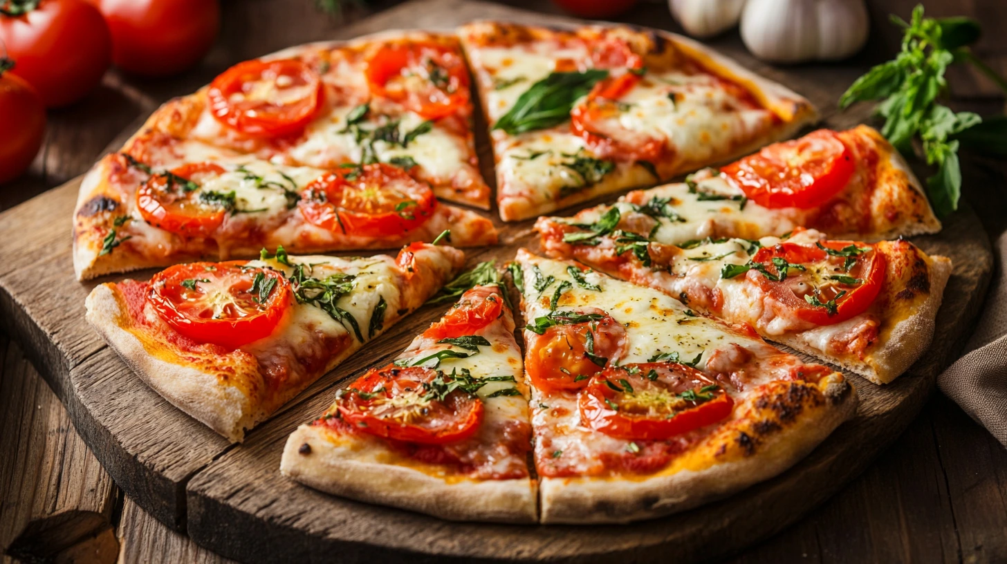 Pizza sans gluten maison tranchée sur table rustique