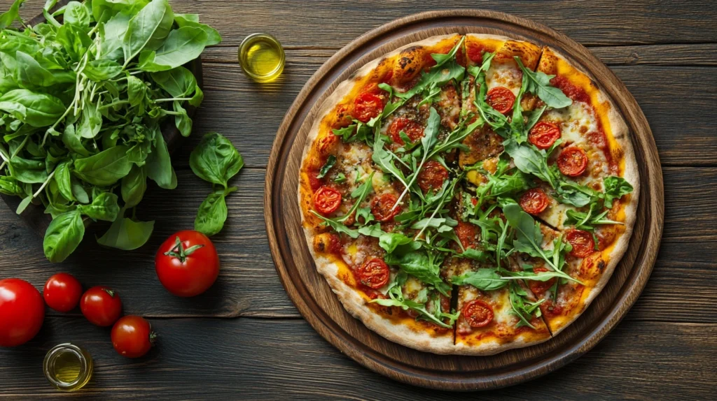 Pizza sans gluten végétarienne servie avec salade