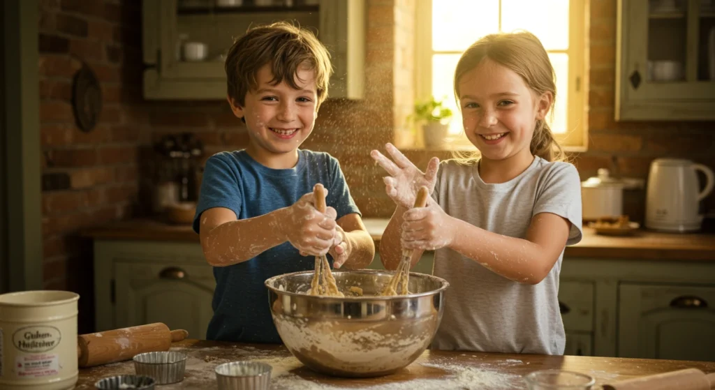 Préparation de gâteau sans gluten avec des enfants