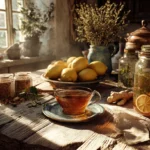 Tasse de remède naturel contre le rhume avec citron, gingembre et miel
