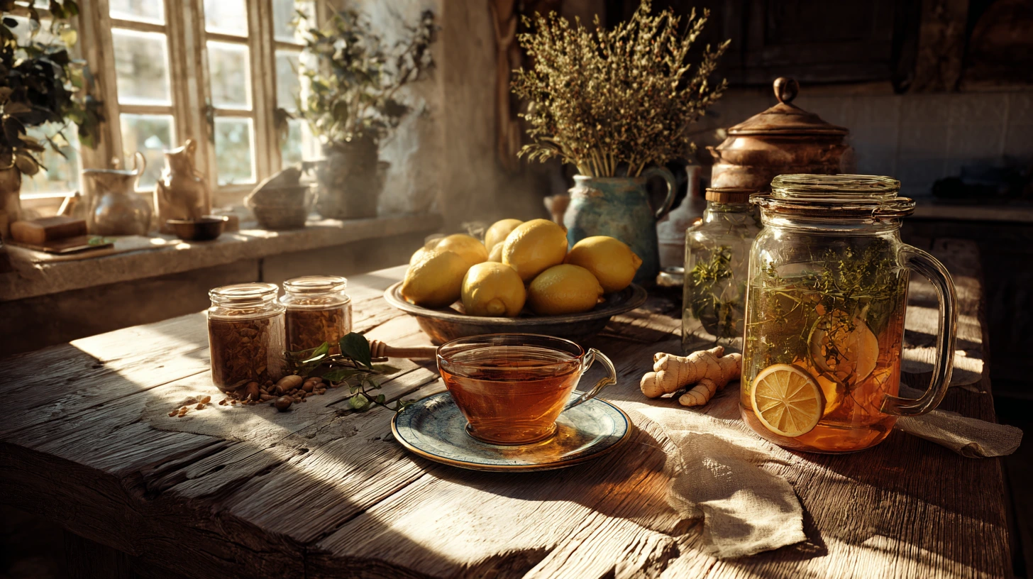 Tasse de remède naturel contre le rhume avec citron, gingembre et miel