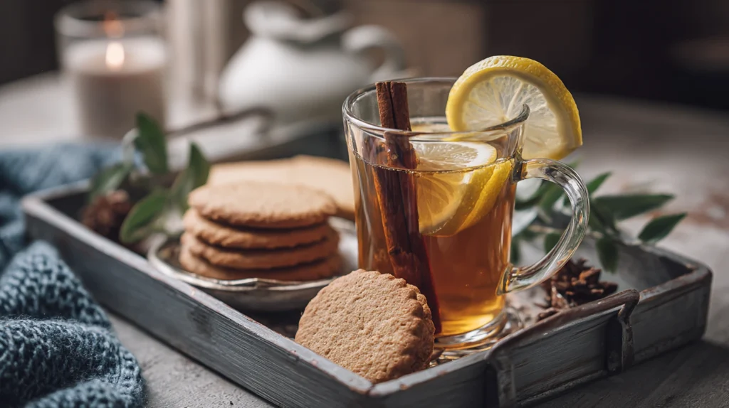 Infusion maison servie avec biscuit et citron