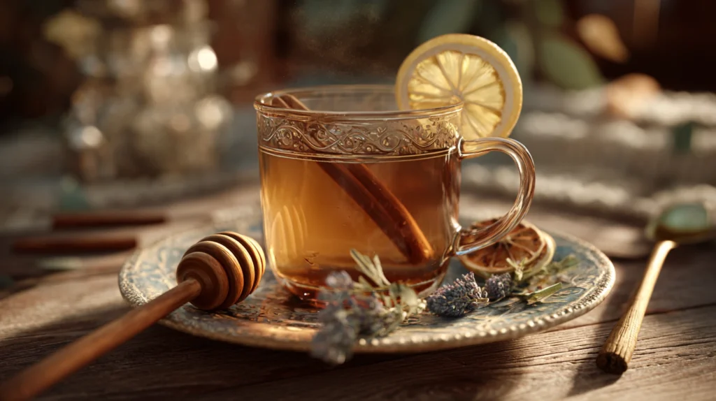 Tasse de tisane anti-rhume servie avec miel et citron