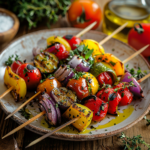 Brochettes de légumes grillés, le soleil dans l'assiette